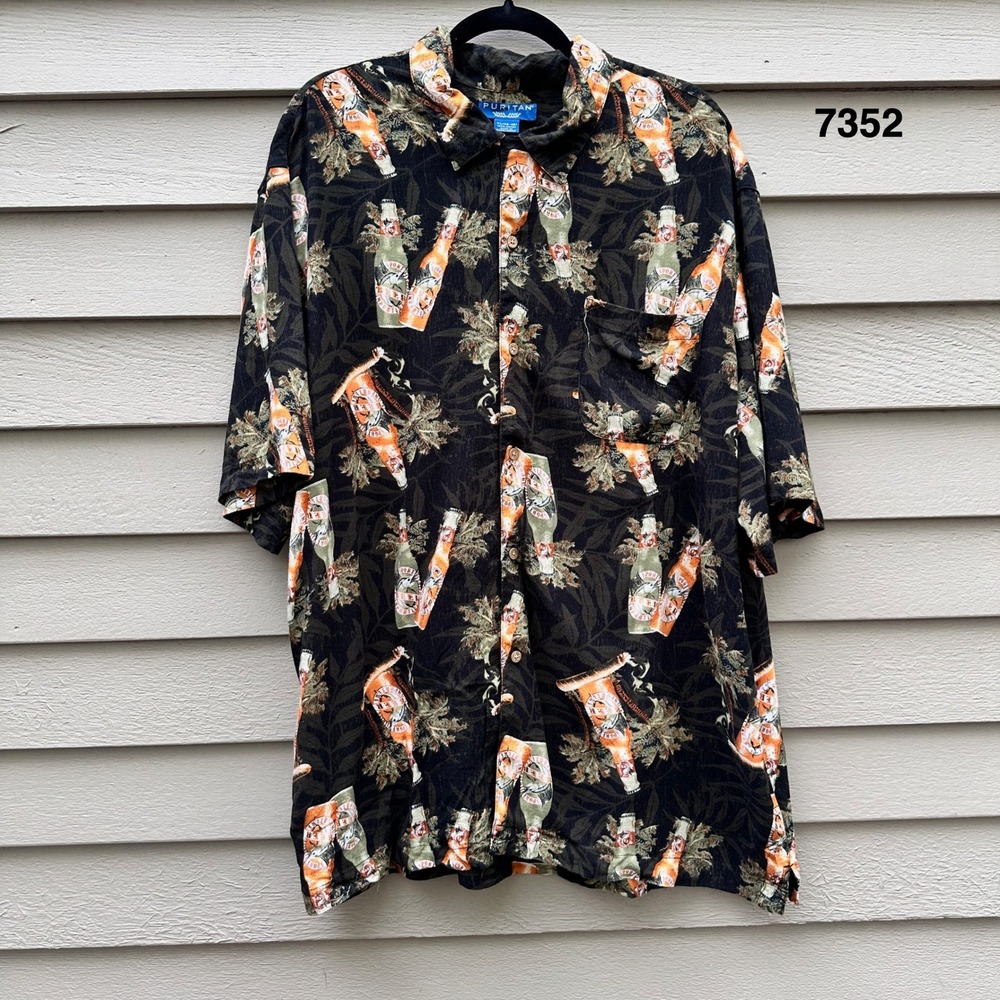 Puritan Mens XL Black Beer Bottle Print Rayon Button Up Camp Shirt